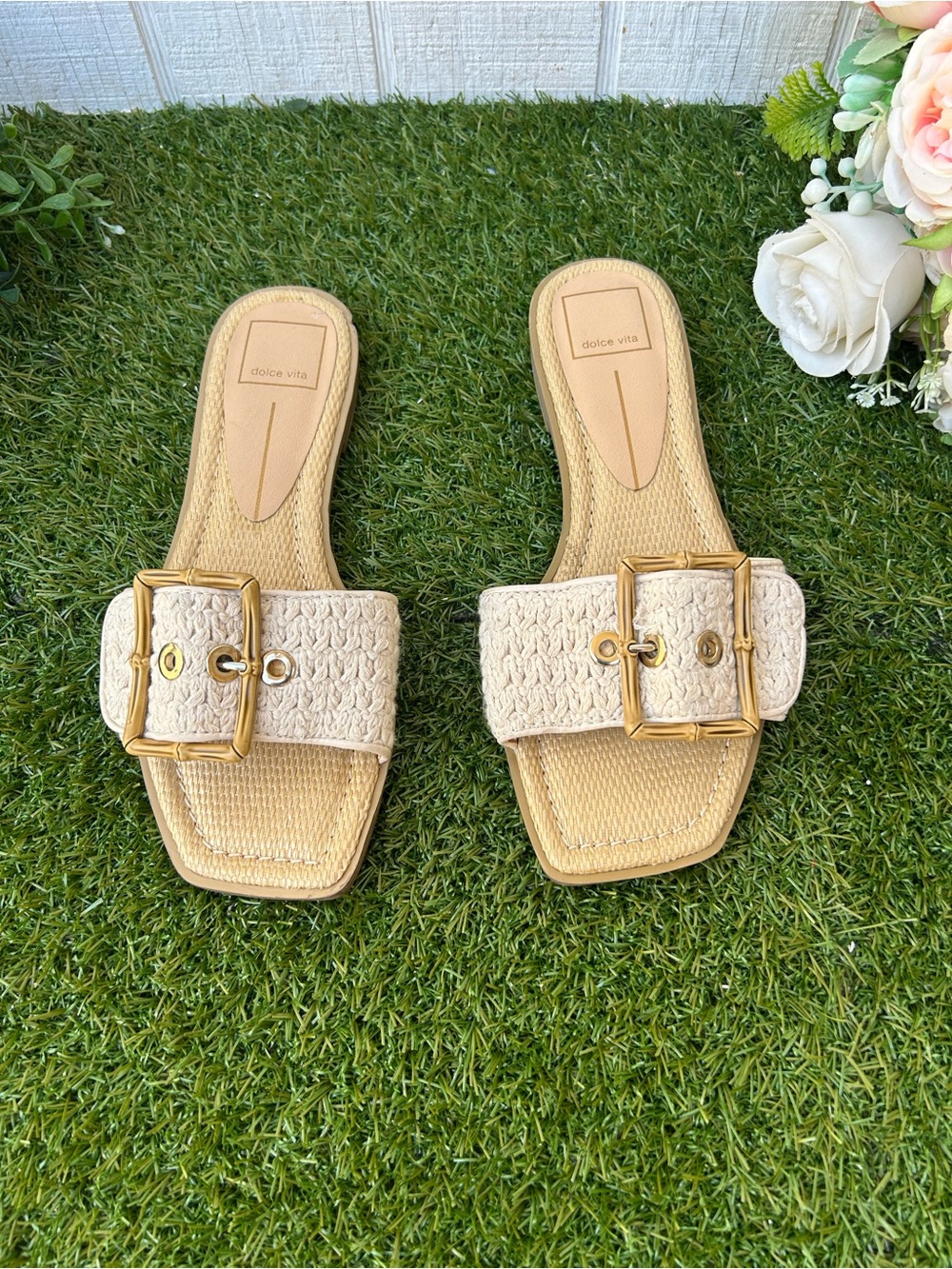 Dolce vita Woven decorative bamboo Buckle Slide Sandals in Cream size 7 new - Picture 4 of 11